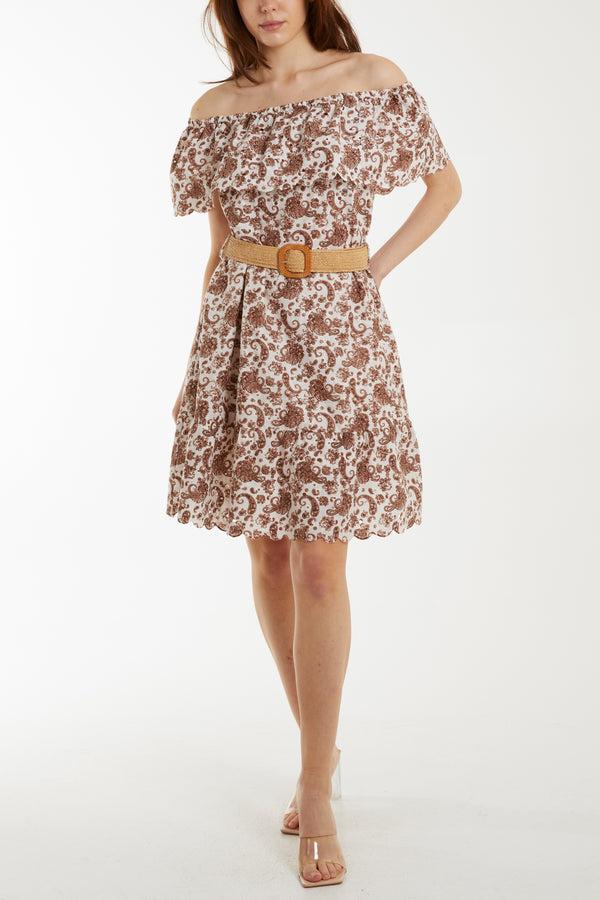 qed london Bardot Paisley Broderie Midi Belted Dress
