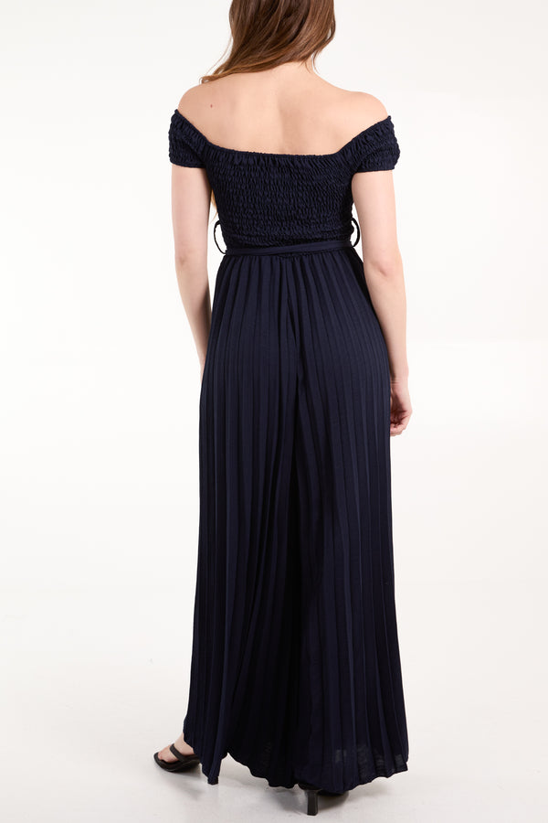 Qed London Bardot Shirred Bodice Pleated Leg Jumpsuit