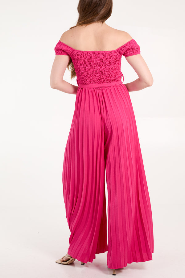 Qed London Bardot Shirred Bodice Pleated Leg Jumpsuit