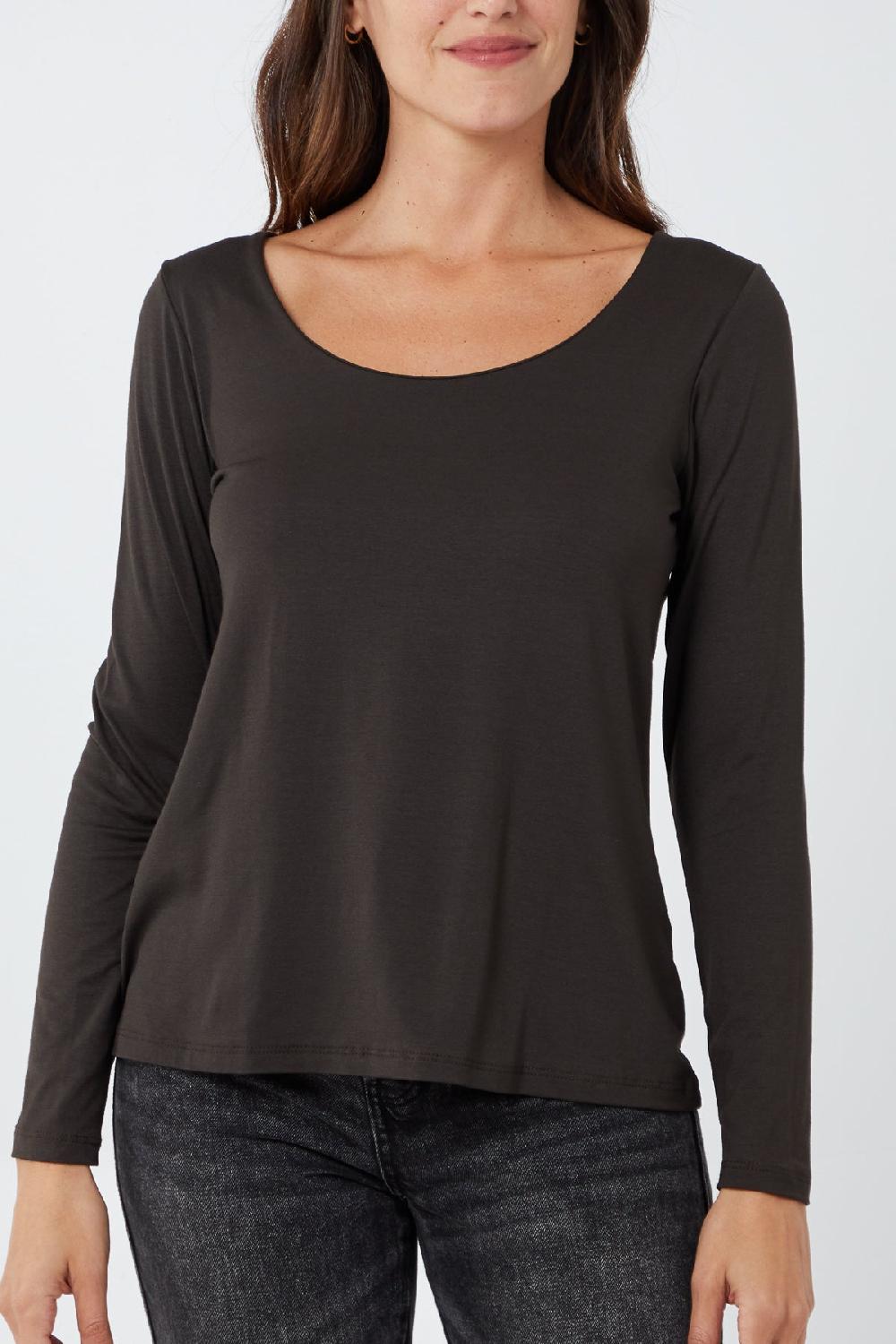 Qed London Basic Double Layer Scoop Neck Long Sleeve Top
