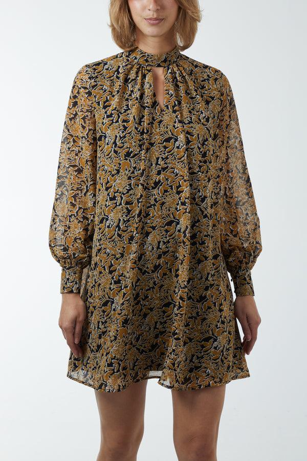 Qed London Bishop Sleeve Floral Keyhole Swing Mini Dress