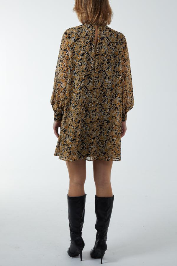 Qed London Bishop Sleeve Floral Keyhole Swing Mini Dress