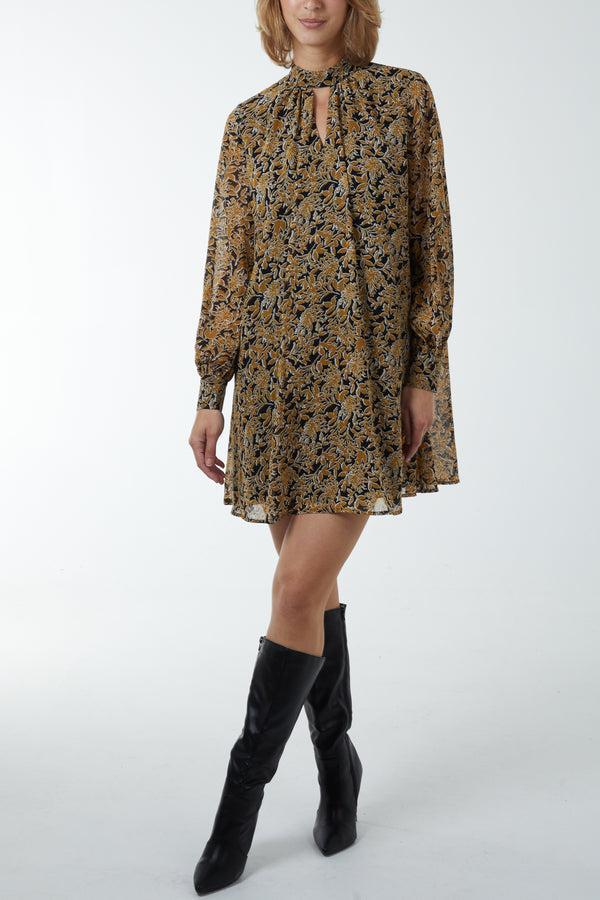 qed london Bishop Sleeve Floral Keyhole Swing Mini Dress