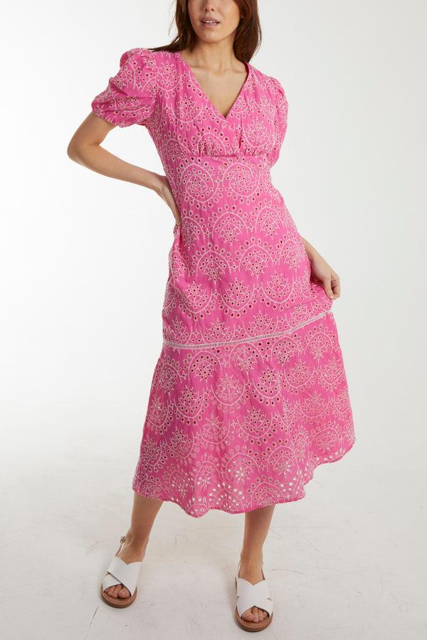 Qed London Broderie Anglaise Puff Sleeve Maxi Dress