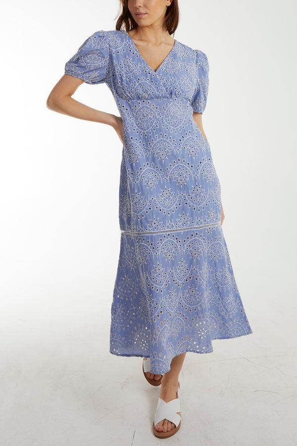 qed london Broderie Anglaise Puff Sleeve Maxi Dress
