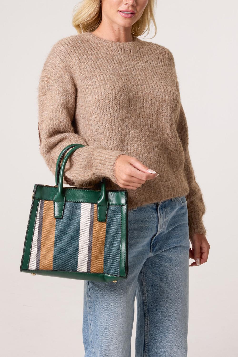 Qed London Canvas Stripe Handbag W/ Strap & Clutch Purse