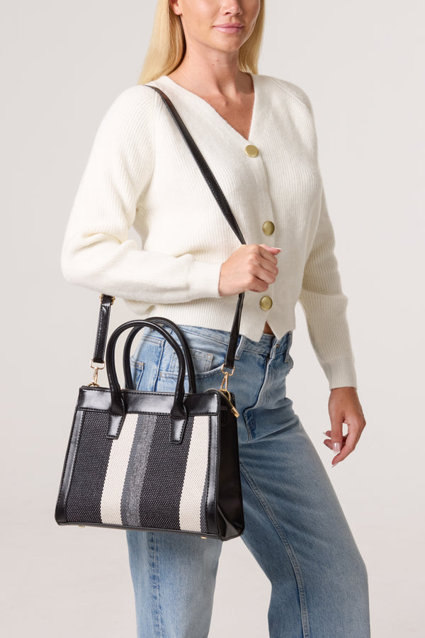 Qed London Canvas Stripe Handbag W/ Strap & Clutch Purse