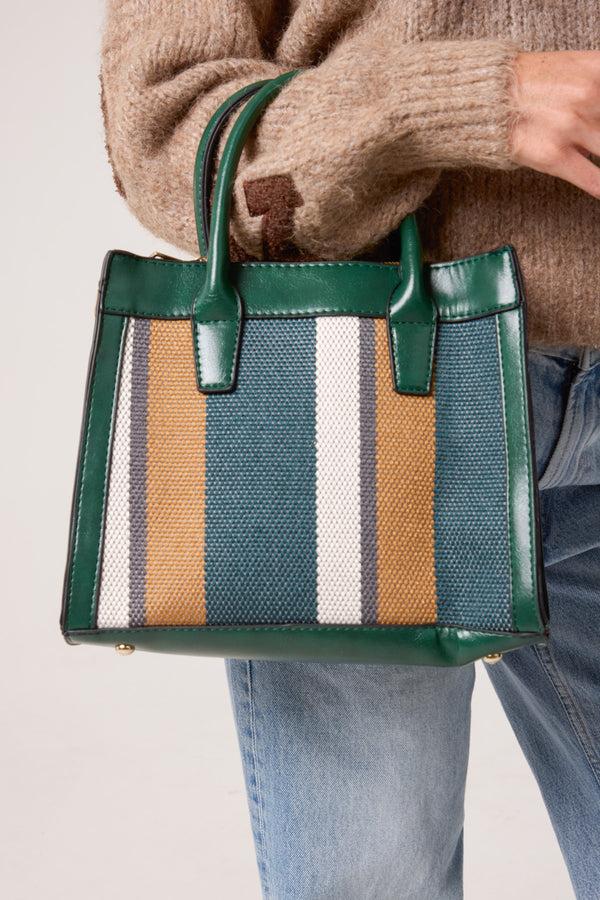 Qed London Canvas Stripe Handbag W/ Strap & Clutch Purse