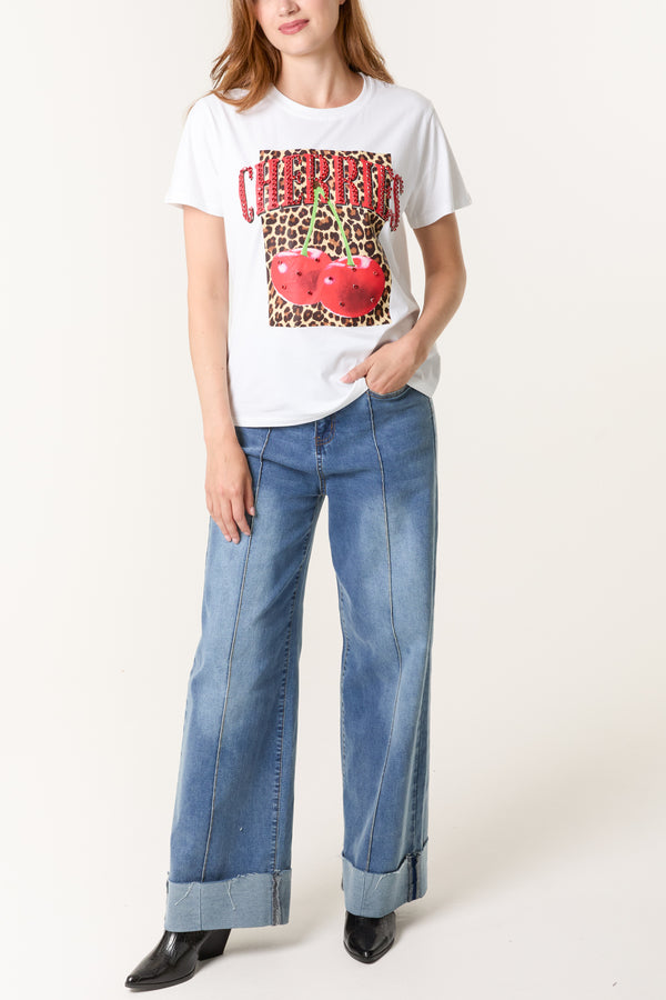 Qed London 'Cherries' Embellished Leopard Print T-Shirt