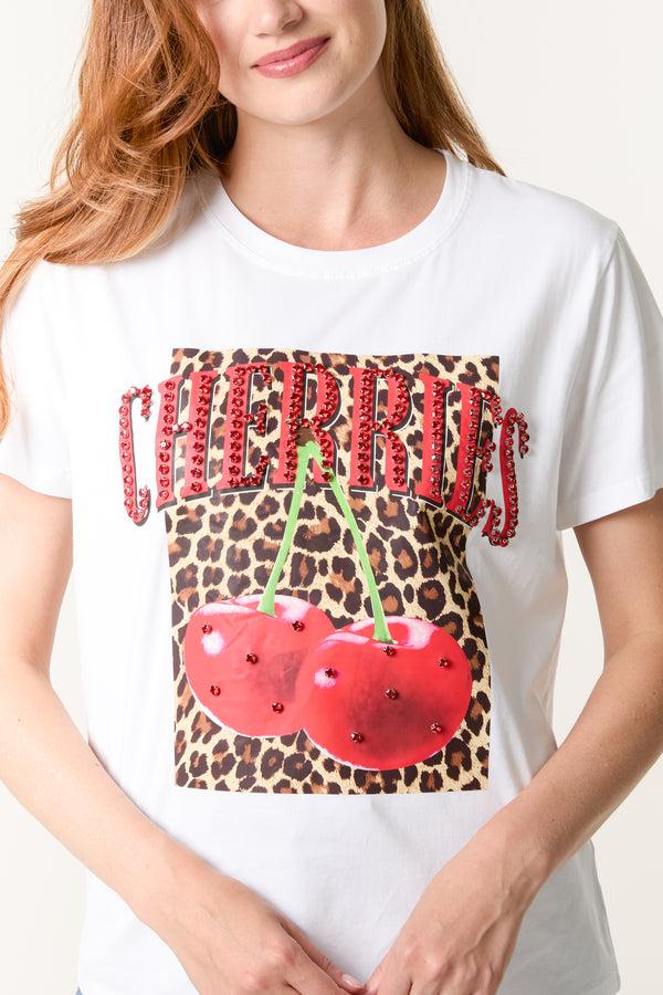 Qed London 'Cherries' Embellished Leopard Print T-Shirt