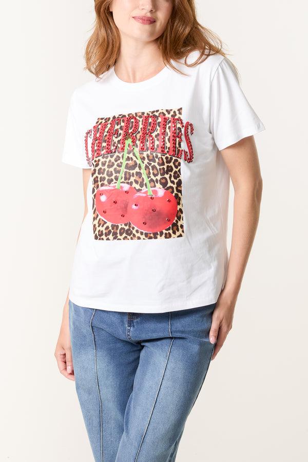 Qed London 'Cherries' Embellished Leopard Print T-Shirt