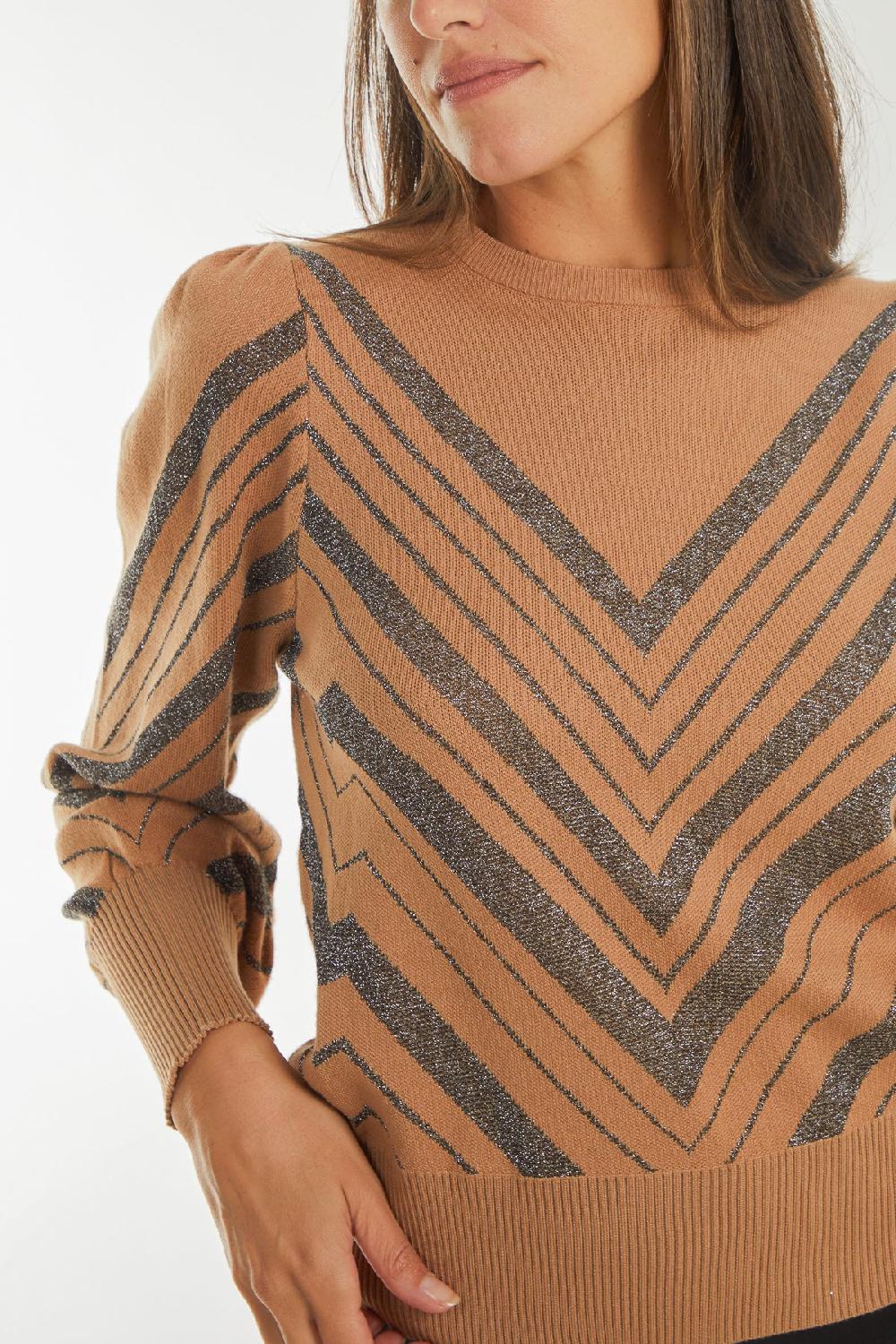 Qed London Chevron Glitter Design Balloon Sleeve Jumper