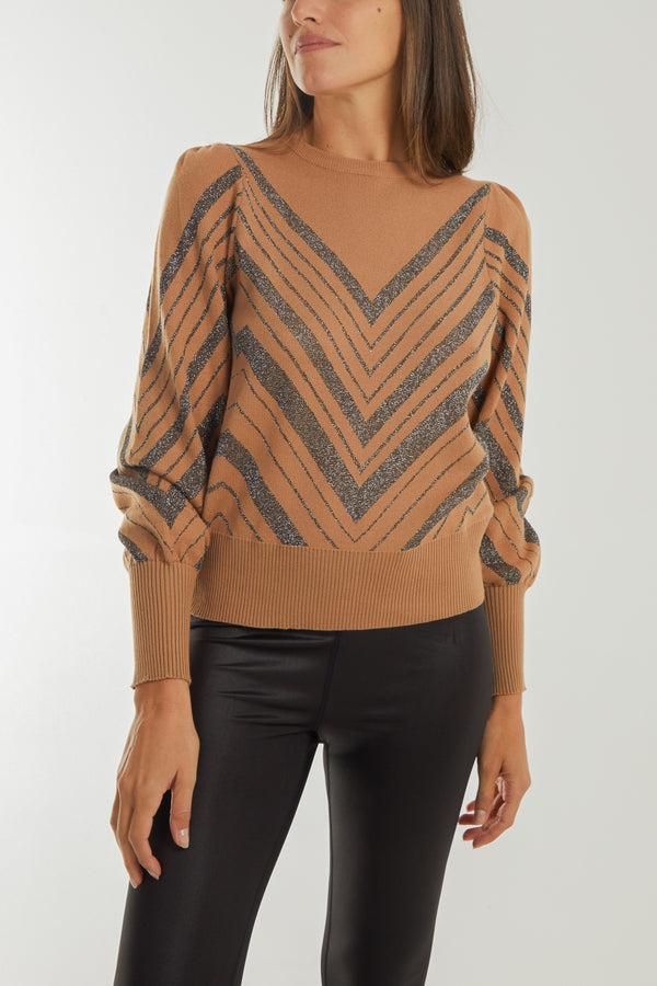 qed london Chevron Glitter Design Balloon Sleeve Jumper