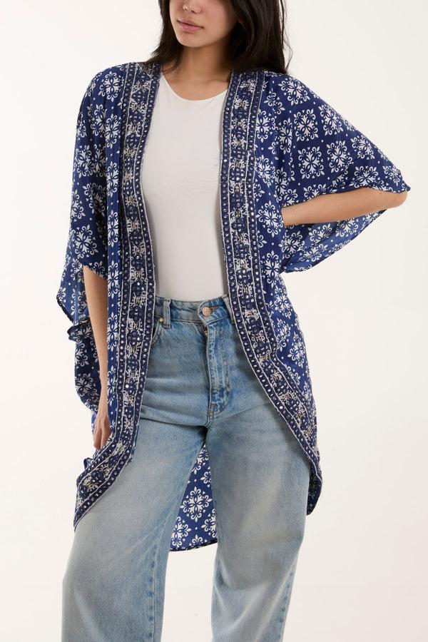 qed london Cocoon Embellished Print Art Silk Kimono