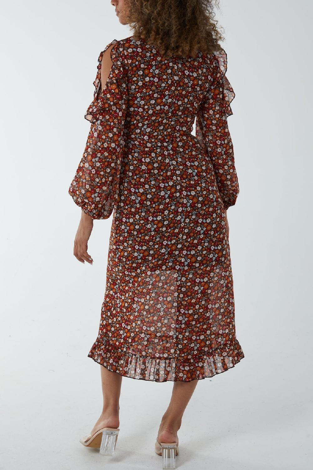 Qed London Cold Shoulder Ditsy Floral Frill Midi Dress