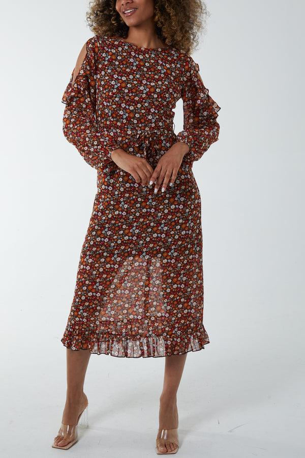 qed london Cold Shoulder Ditsy Floral Frill Midi Dress