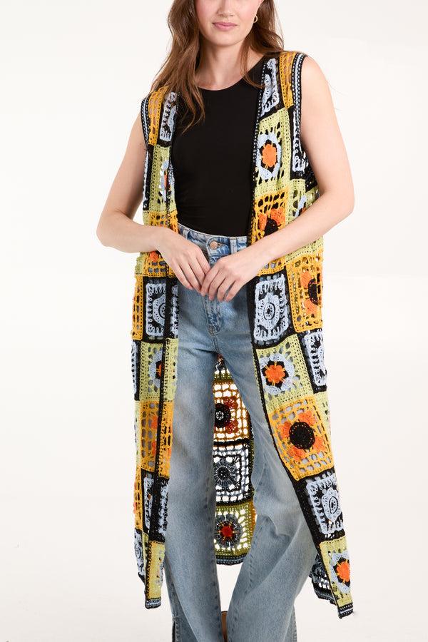 Qed London Colourful Crochet Sleeveless Longline Cardigan