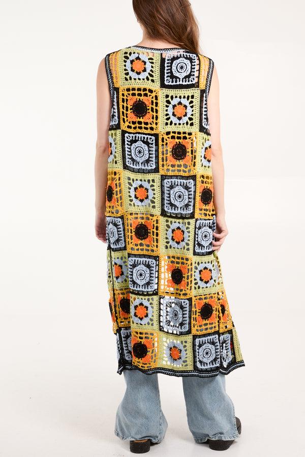Qed London Colourful Crochet Sleeveless Longline Cardigan