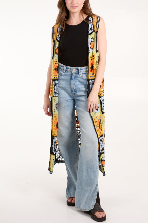 qed london Colourful Crochet Sleeveless Longline Cardigan