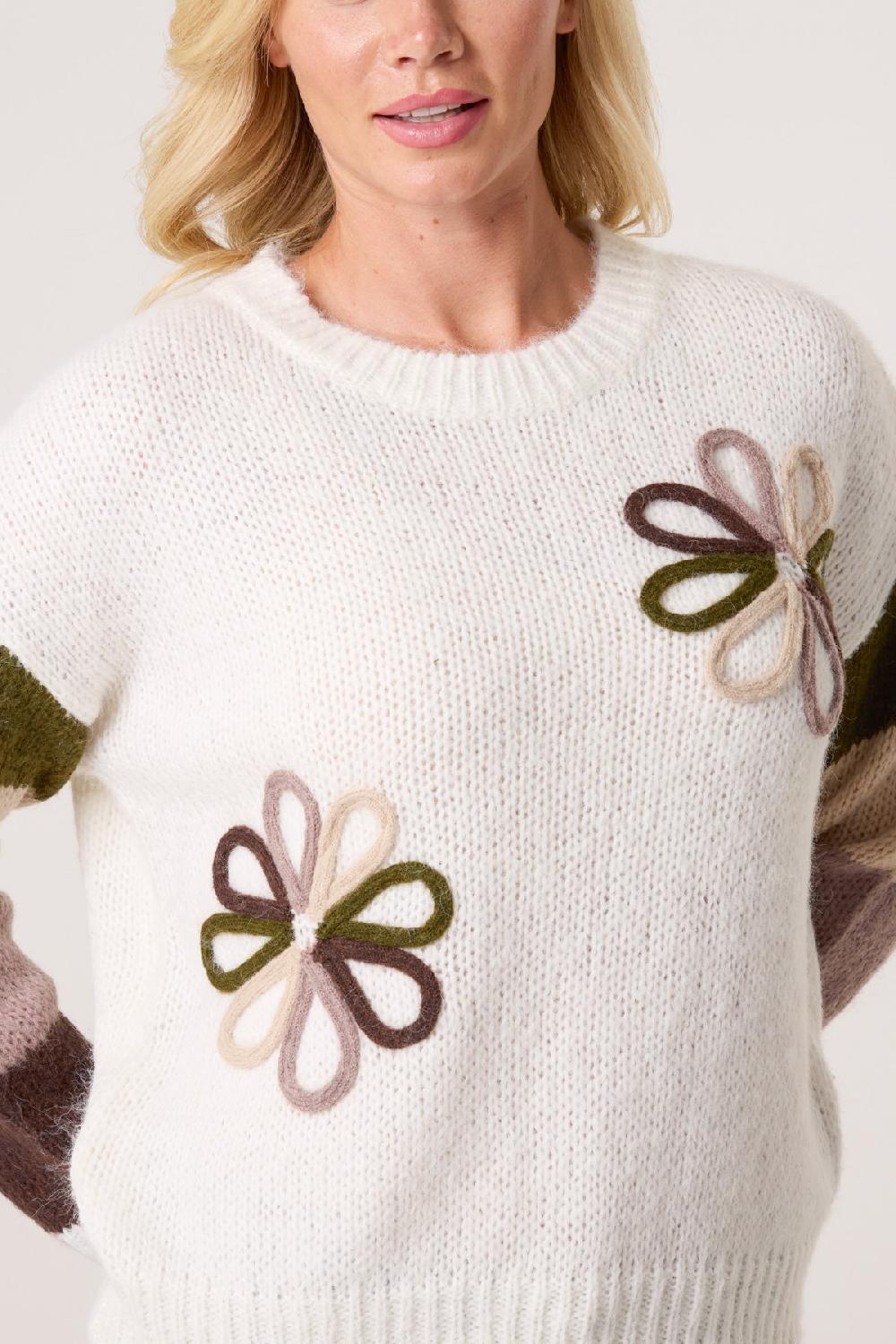 Qed London Colourful Floral Embroidery Striped Jumper