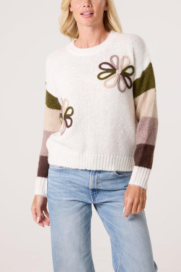 qed london Colourful Floral Embroidery Striped Jumper