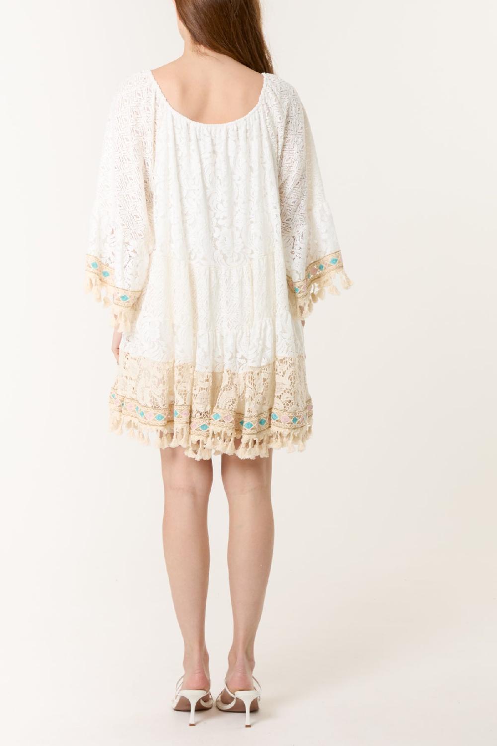 Qed London Colourful Tassel & Embroidery Lace Mini Dress