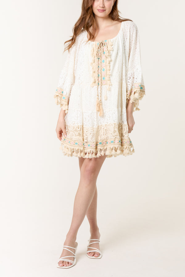 qed london Colourful Tassel & Embroidery Lace Mini Dress