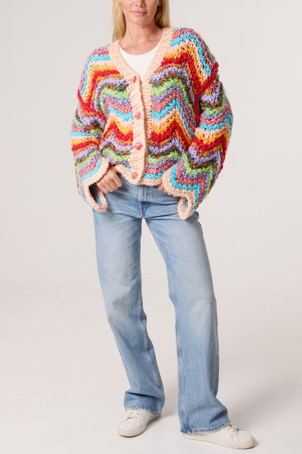 Qed London Colourful Zigzag Chunky Hand Knitted Cardigan