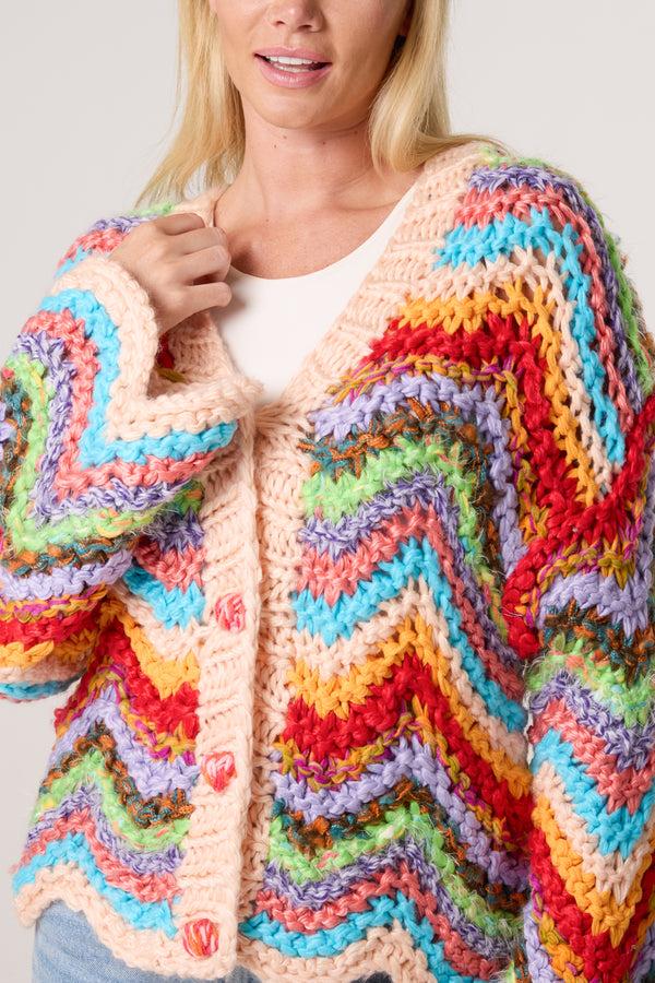 Qed London Colourful Zigzag Chunky Hand Knitted Cardigan