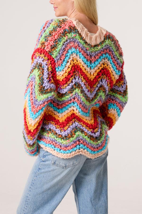 Qed London Colourful Zigzag Chunky Hand Knitted Cardigan