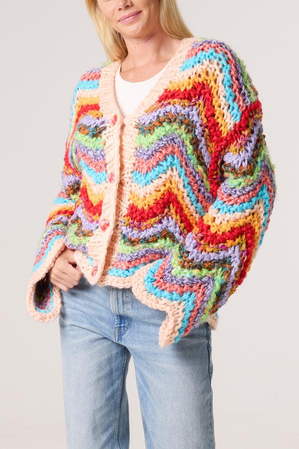 qed london Colourful Zigzag Chunky Hand Knitted Cardigan