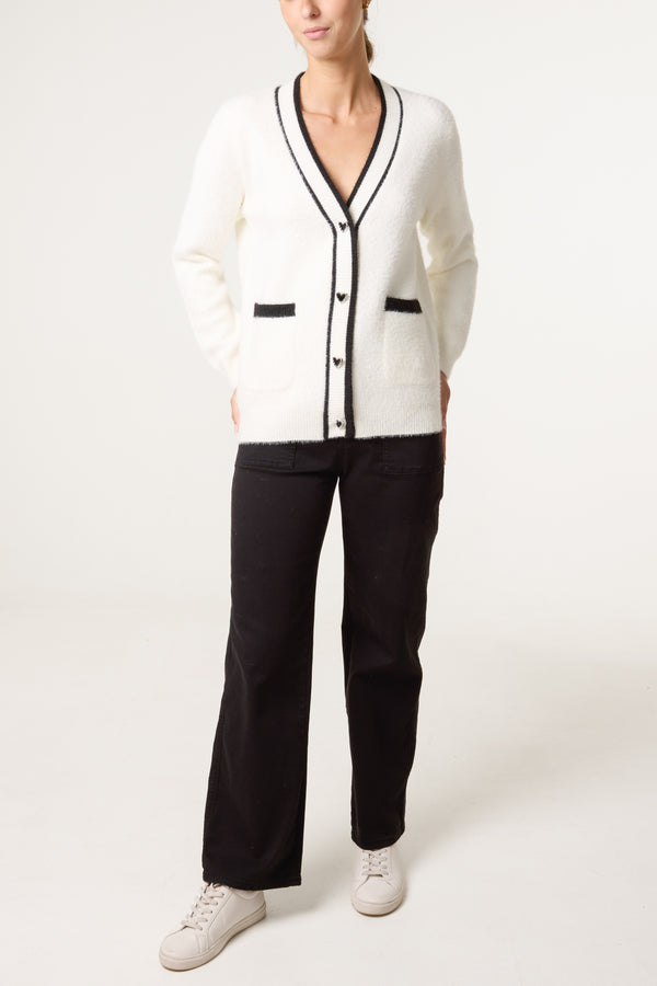 Qed London Contrast Hem Heart Button Luxury Knit Cardigan