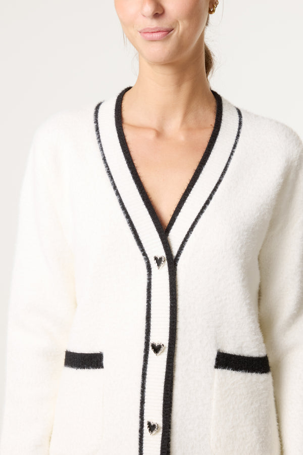 Qed London Contrast Hem Heart Button Luxury Knit Cardigan