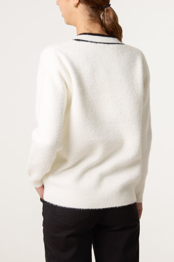 Qed London Contrast Hem Heart Button Luxury Knit Cardigan