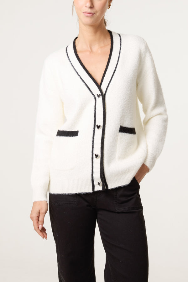 qed london Contrast Hem Heart Button Luxury Knit Cardigan