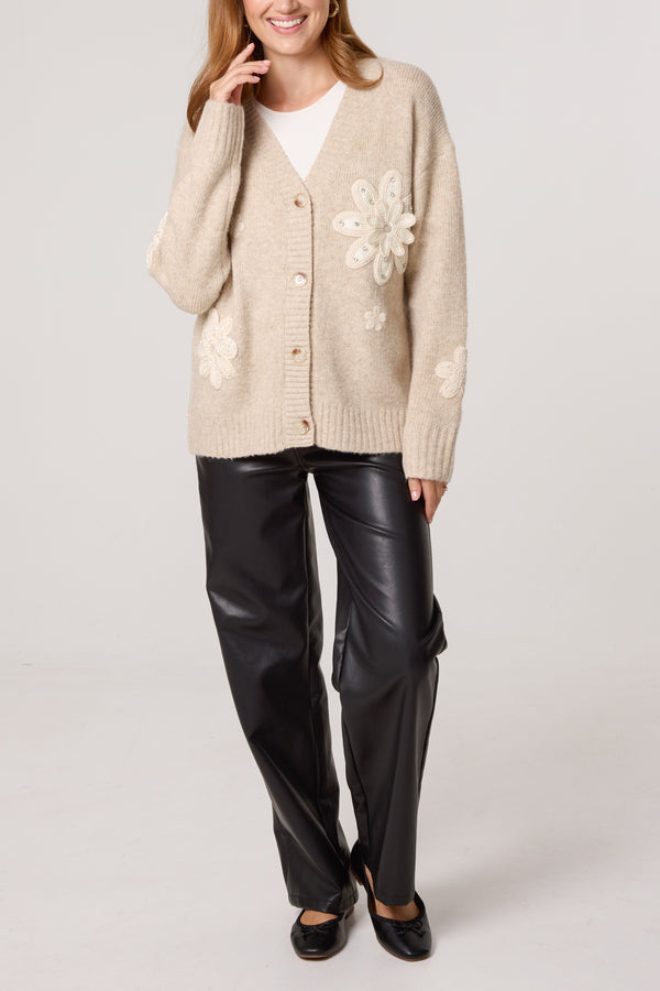 Qed London Crochet Embellished Flower Knit Cardigan