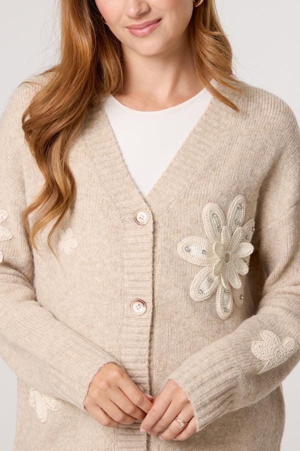 Qed London Crochet Embellished Flower Knit Cardigan