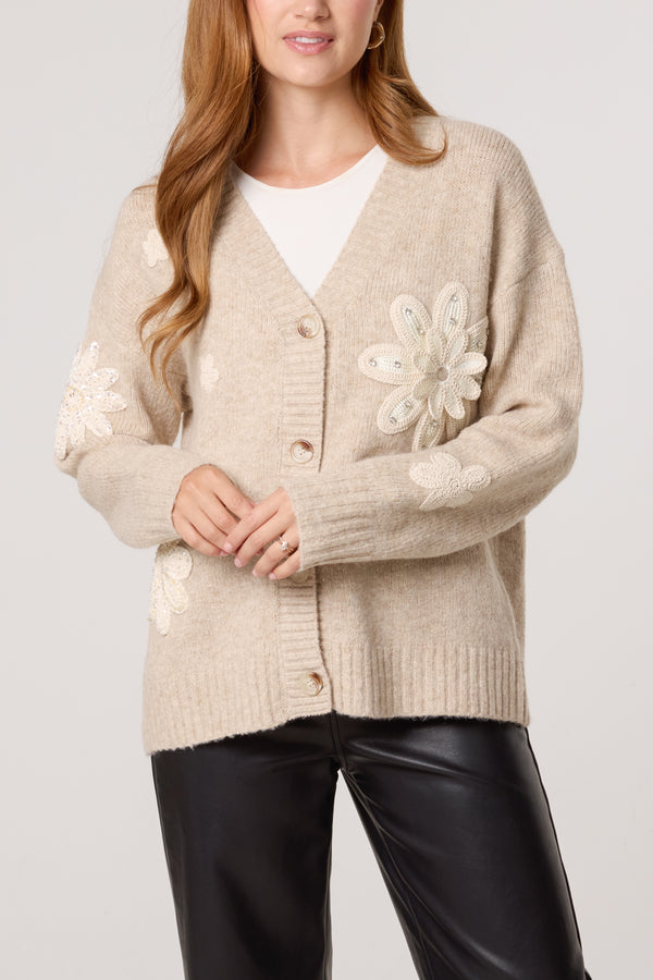 qed london Crochet Embellished Flower Knit Cardigan