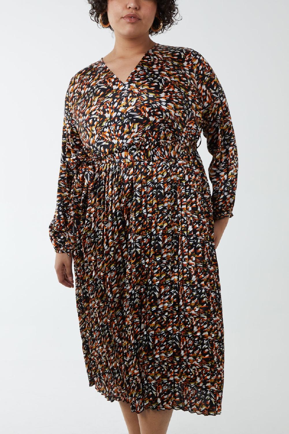 Qed London Curve Abstract Animal Wrap Belted Pleated Midi Dress