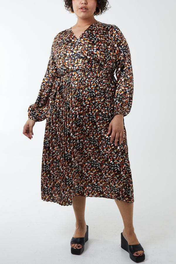 qed london Curve Abstract Animal Wrap Belted Pleated Midi Dress