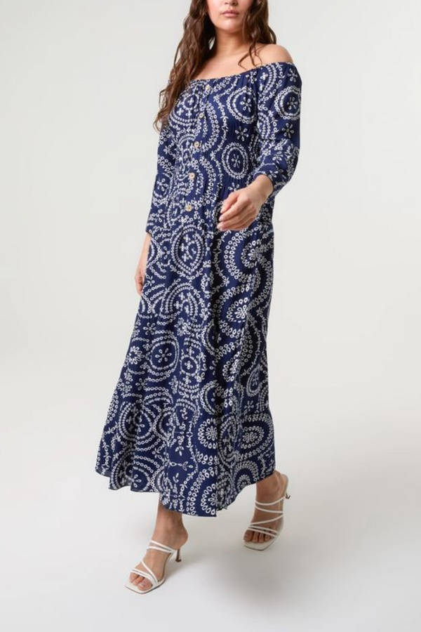 Qed London Curve Bardot Wreath Print Coconut Button Dress