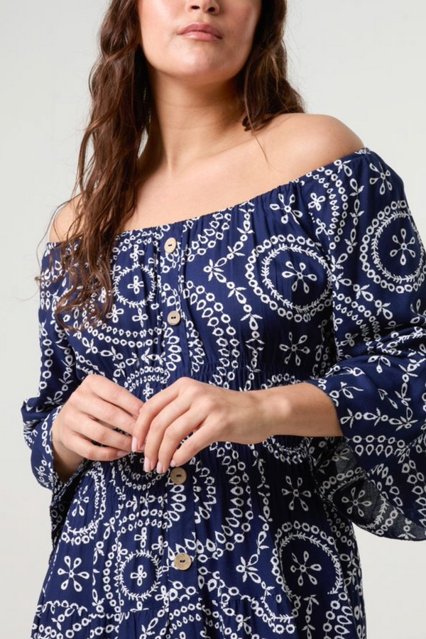 Qed London Curve Bardot Wreath Print Coconut Button Dress