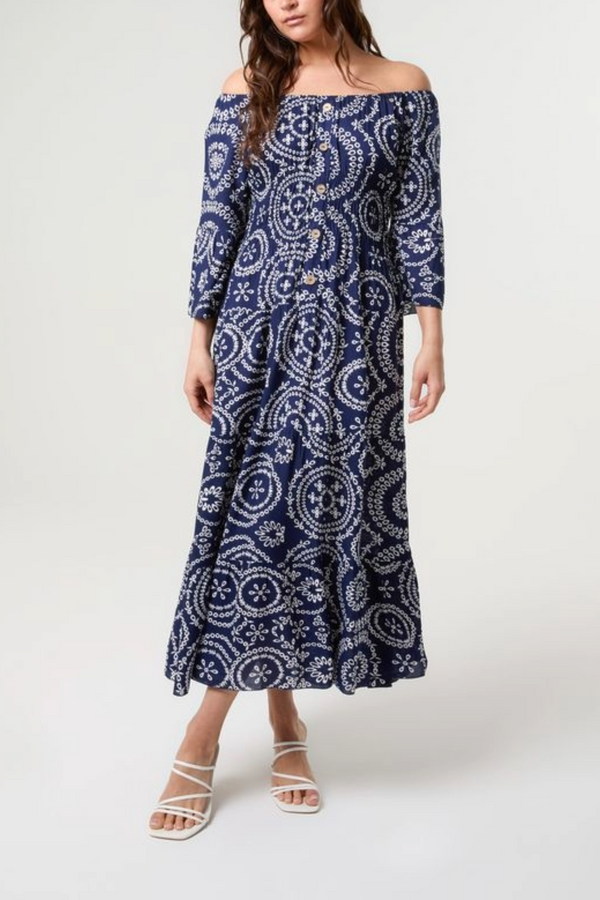 qed london Curve Bardot Wreath Print Coconut Button Dress