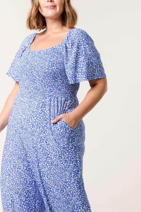 Qed London Curve Ditsy Floral Square Neck Shirred Jumpsuit