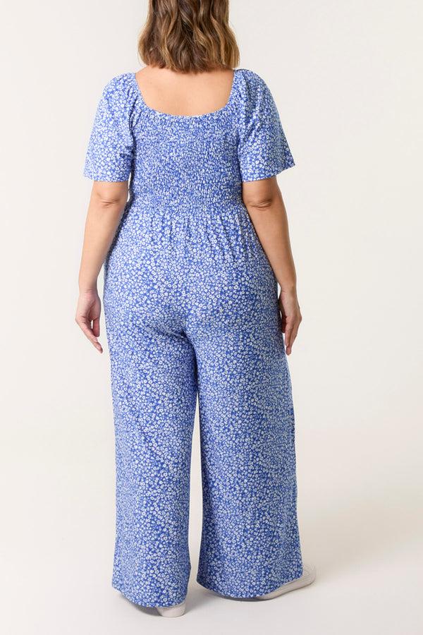 Qed London Curve Ditsy Floral Square Neck Shirred Jumpsuit