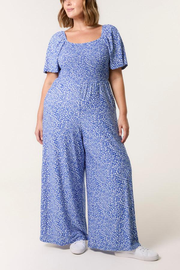 qed london Curve Ditsy Floral Square Neck Shirred Jumpsuit
