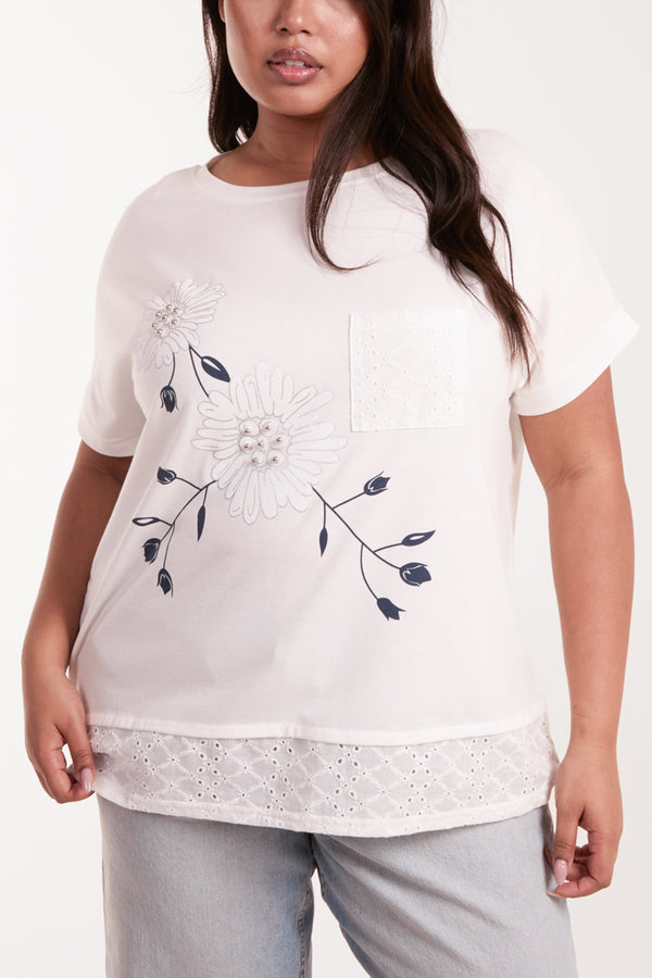 qed london Curve Floral Design & Broderie Anglaise Top