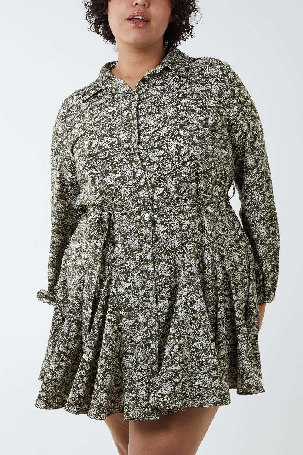 Qed London Curve Paisley Shirt Mini Dress With Godet Hem & Tie