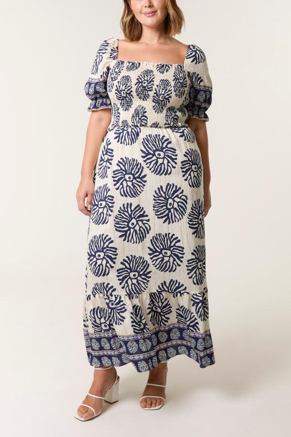 Qed London Curve Square Shirred Neck Printed Maxi Dress
