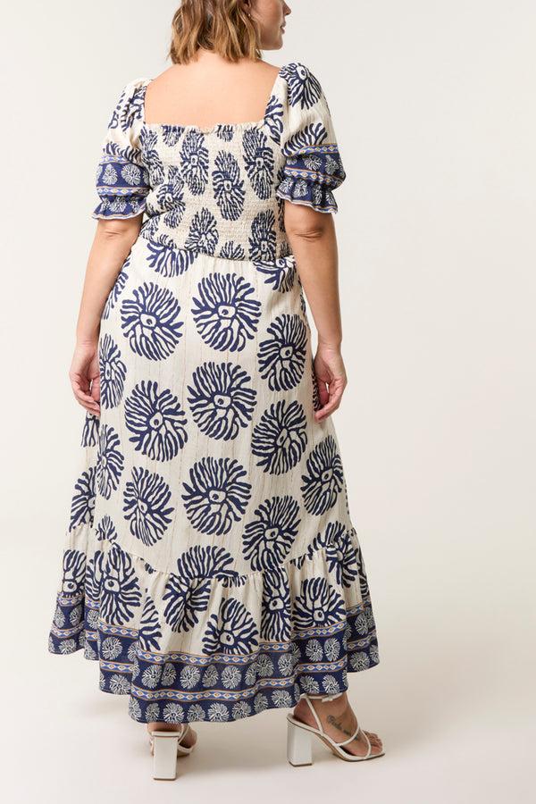 Qed London Curve Square Shirred Neck Printed Maxi Dress